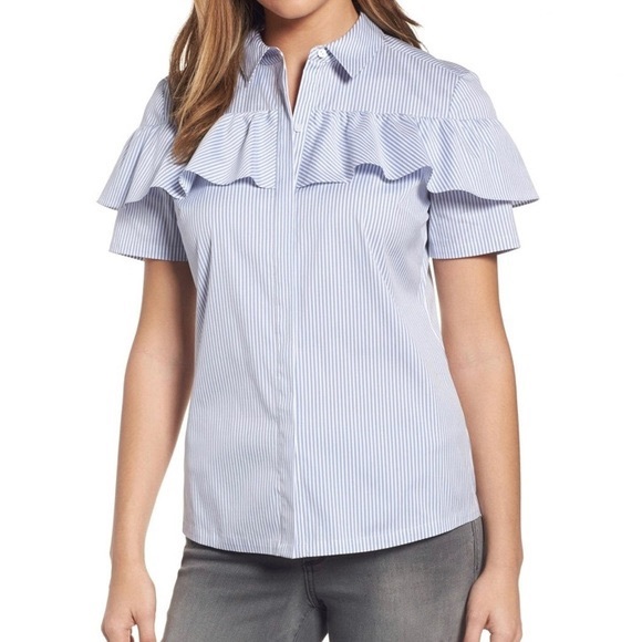 Halogen Ruffle Front Poplin Shirt - Picture 1 of 6